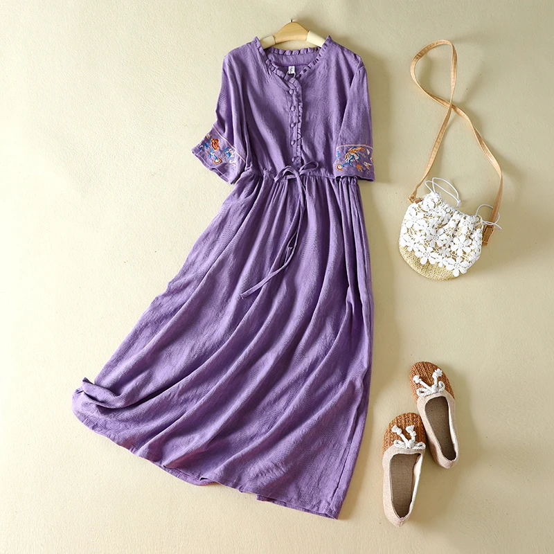 

V-Ne вышитое трапециевидное платье, новинка лета, большие размеры, женское модное ретро Sle, лоскутное льняное платье со шнуровкой на талии