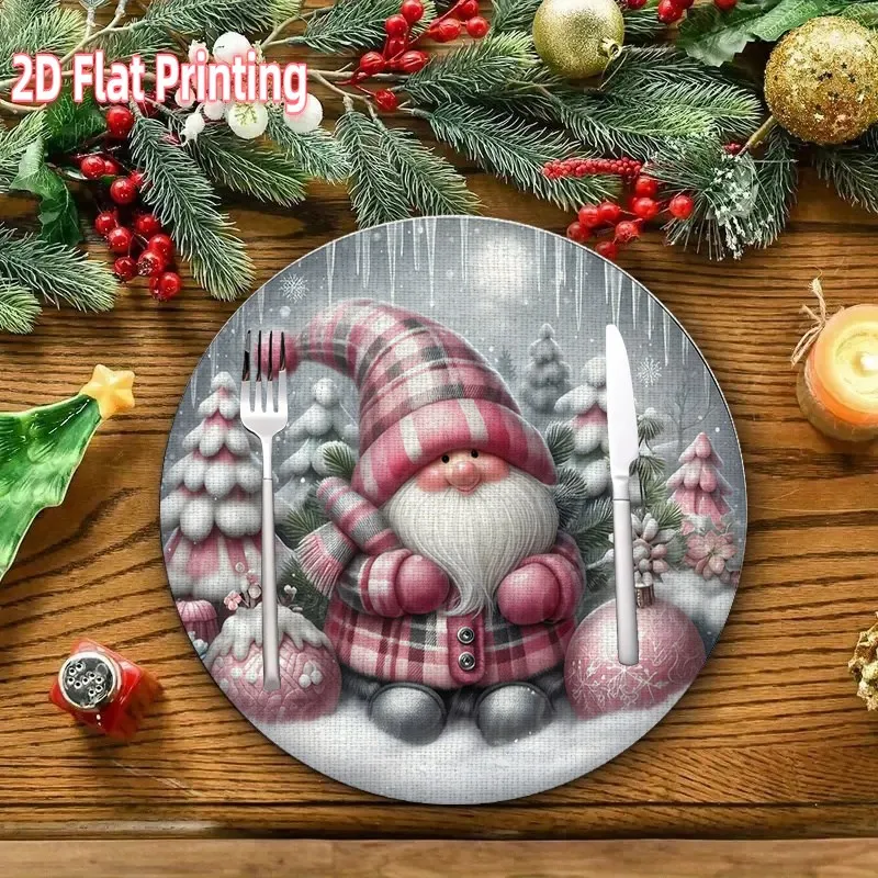 VIKAMA Linen Oval Placemats, Holly Berry Glitter Ribbon, Washable Stain Resistant Easy Clean, Christmas Dinner