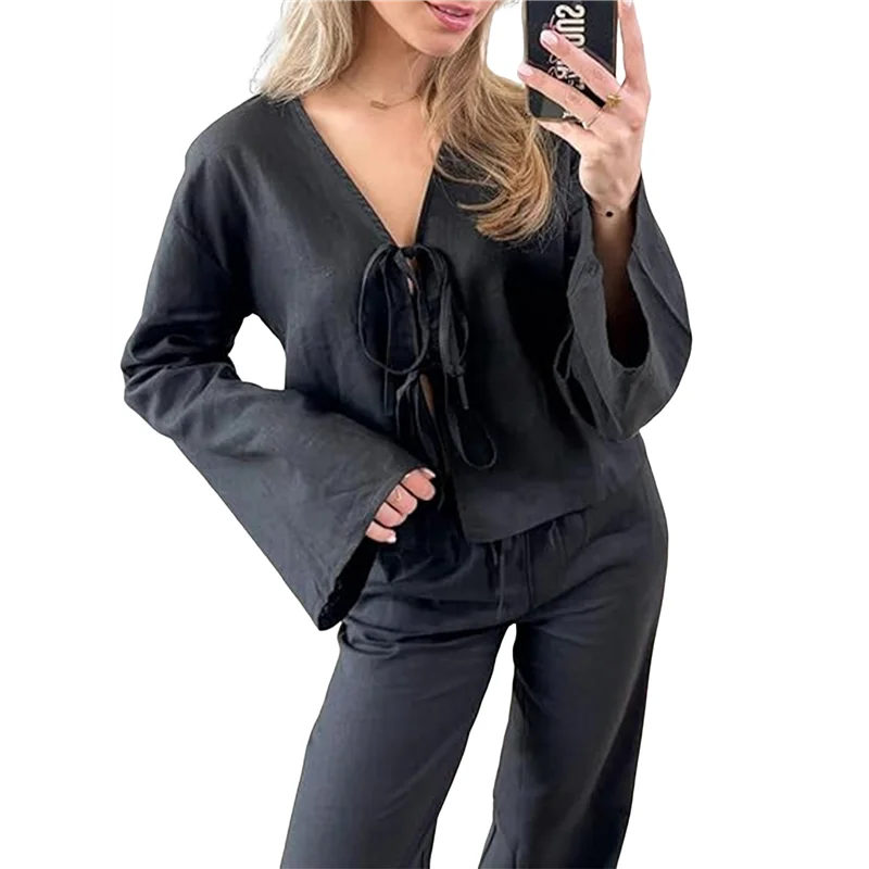 

Tie Front Tops For Women Y2K Cotton Shirts Flare Sleeve V Neck Clothes Casual Lace Up Bow- Blouses