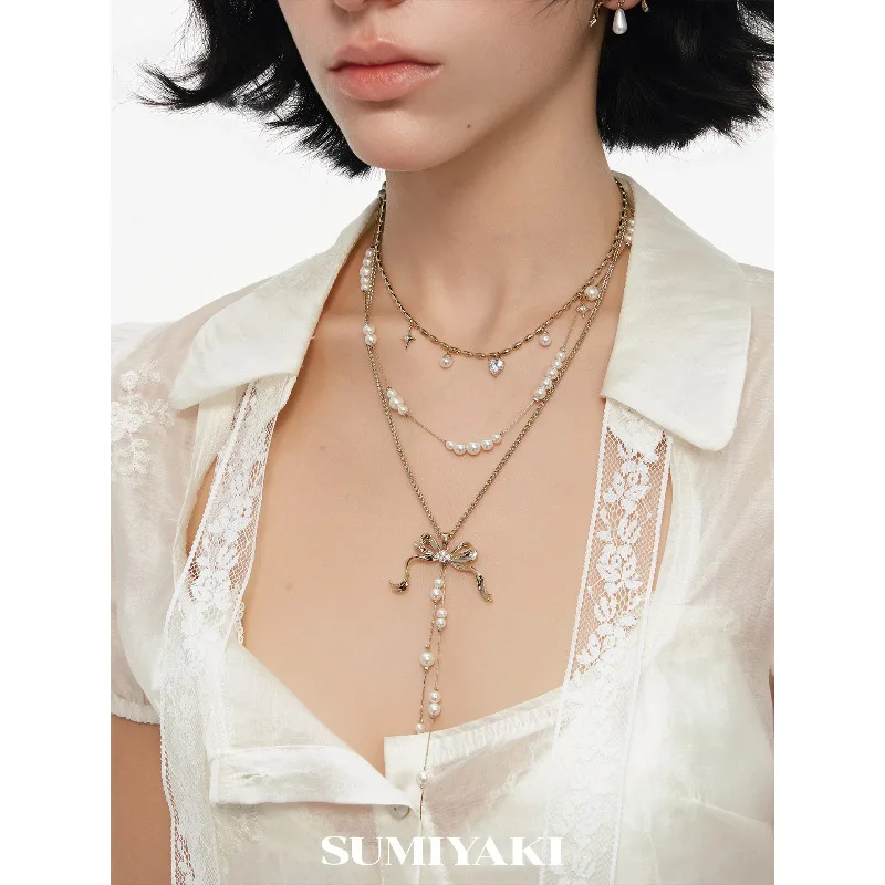 

Original SUMIYAKI Ribbon Series Bow Grey Broken Pearl Multi-layer Necklace