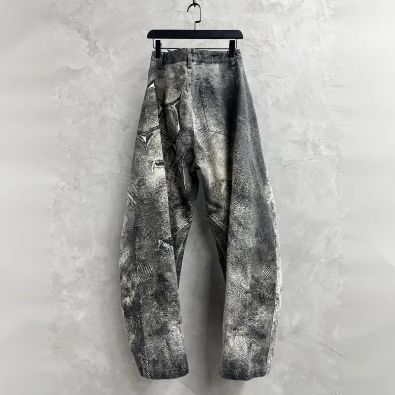 HKSH Spring New Men Distressed Dirty-dyed Oversized Jeans Fashion Printed Versatile Casual Pants Trendy Cool Denim Pants HK22105