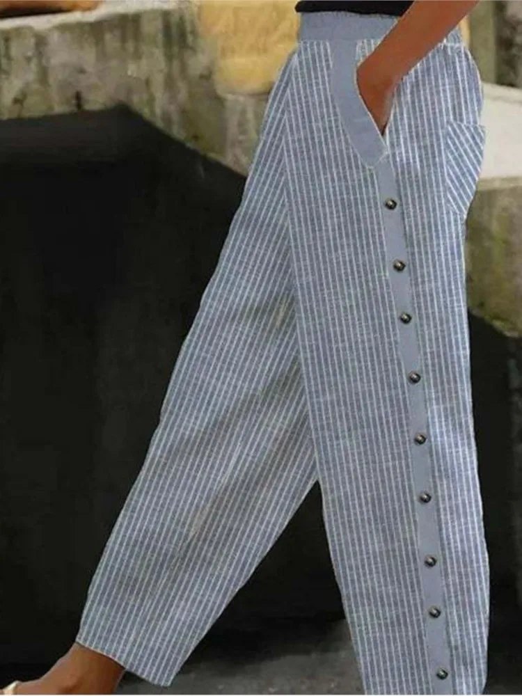 Pantaloni casual a righe donna primavera estate nuova moda stampa tasche con bottoni in vita elastica streetwear pantaloni larghi pantaloni femminili