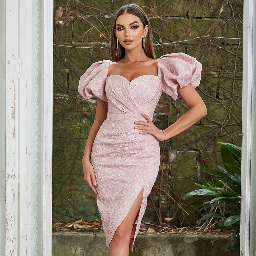 

High End Dress For Women Square Collar French Jacquard Dress Temperament Fashion European & American Style Side Split Hem Pink