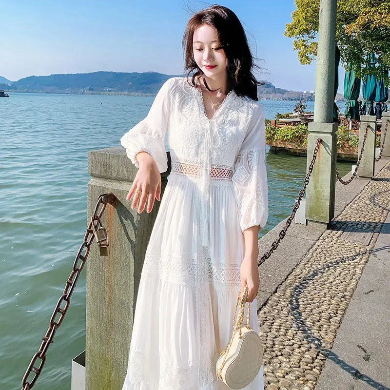 

Women Lace Dress Spring Summer Elegant White Hollow Out Long Sleeve Beach Holiday Party Dresses Vestidos