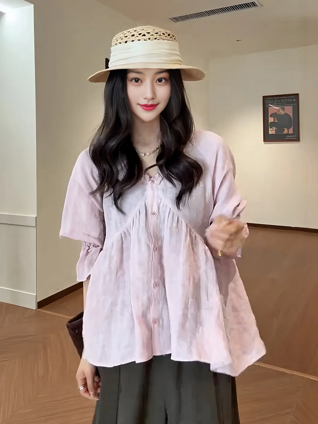

plus Size Korean Style Gentle V-Neck Pink Shirt Women Summer New Style Slimming Top Wooden for Slightly Plump MM