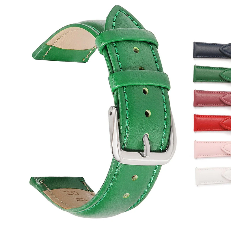 6 Colors Genuine Leather Watch Band 14mm 16mm 18mm 20mm 22mm Leather Bracelet Green Blue Red Purple White Women Leather Straps