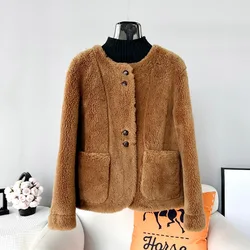 Female Pellet Sheep Shearling Winter Jacket Lady Girl Short Lamb Hair Fur Warm Casual Round Neck Coat Parka JT456