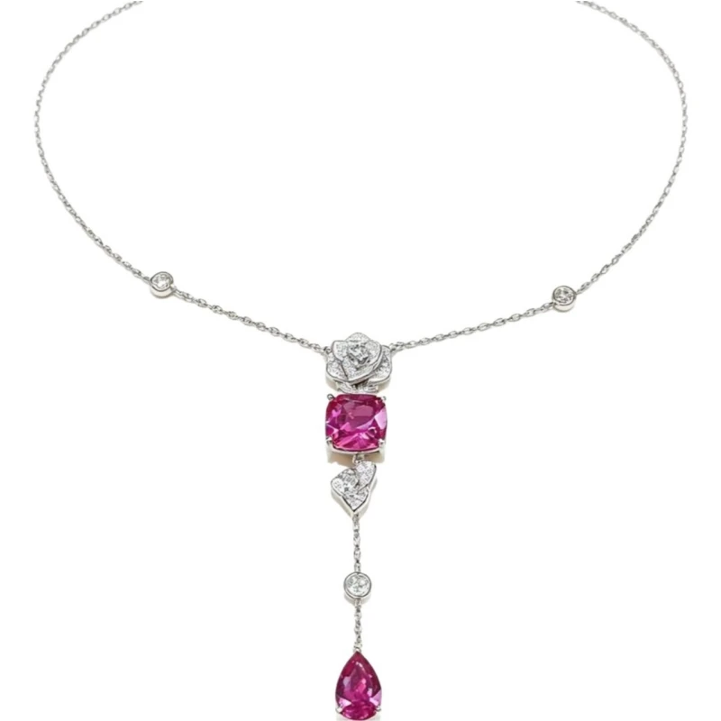 Bellux S925 Pure Silver Flower Long Necklace Rose Red Water Drop Diamond Premium Color Treasure Exquisite Necklace