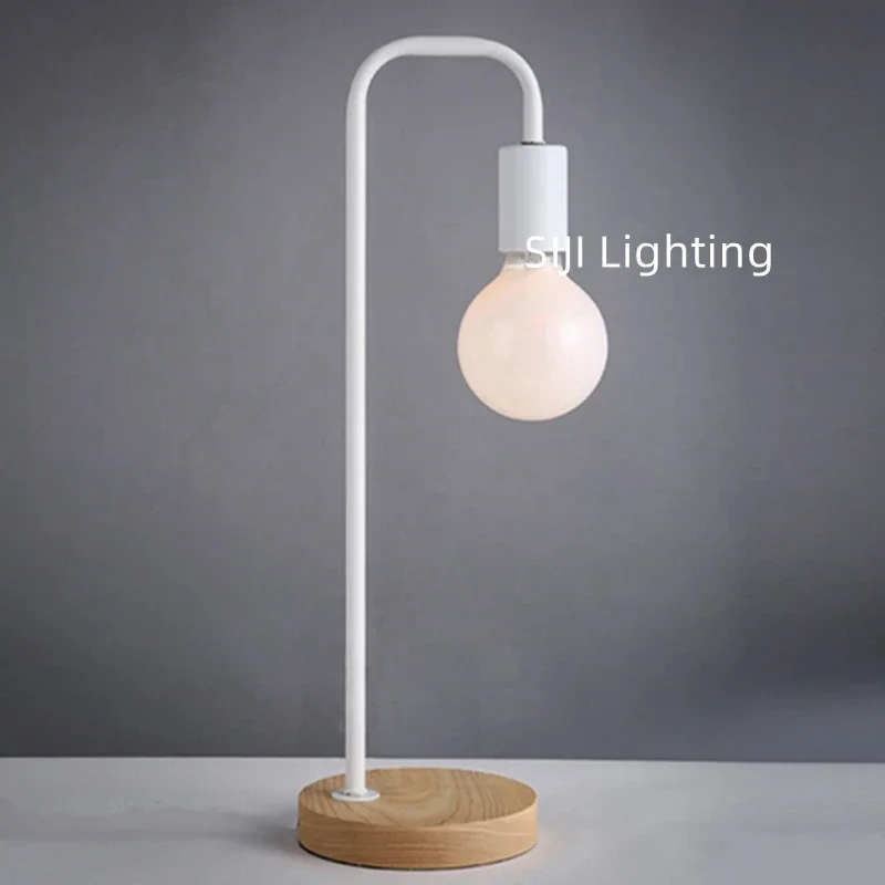 E27 LED Desk Lamp Loft Industrial Nightstand Lamps Wooden Base Table Lamp Vintage Bedside light for Living Room Office Bedroom