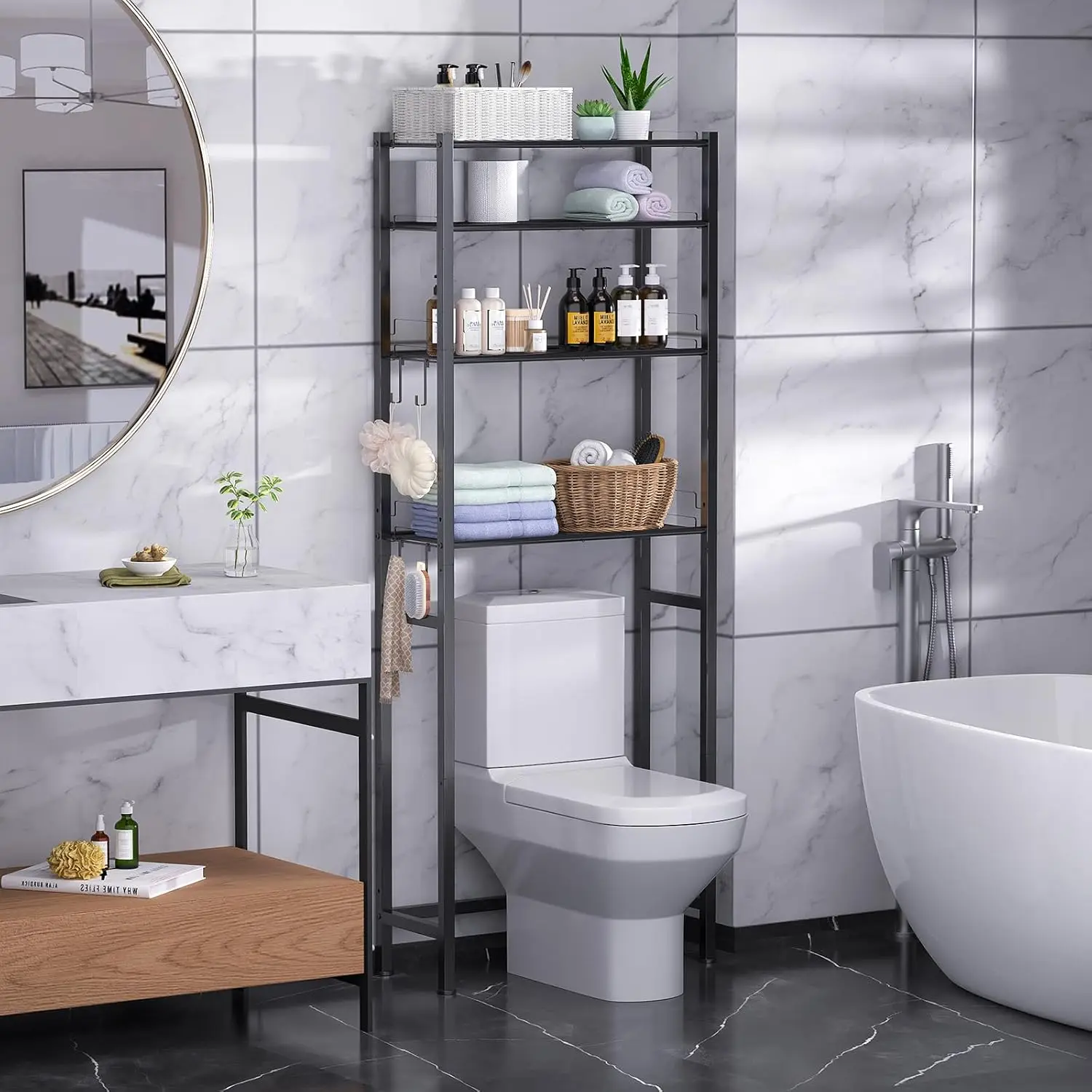 

4-Tier Over-The-Toilet Storage Rack, Adjustable Height Bathroom Organizer Shelf, Space-Saving Black Cabinet