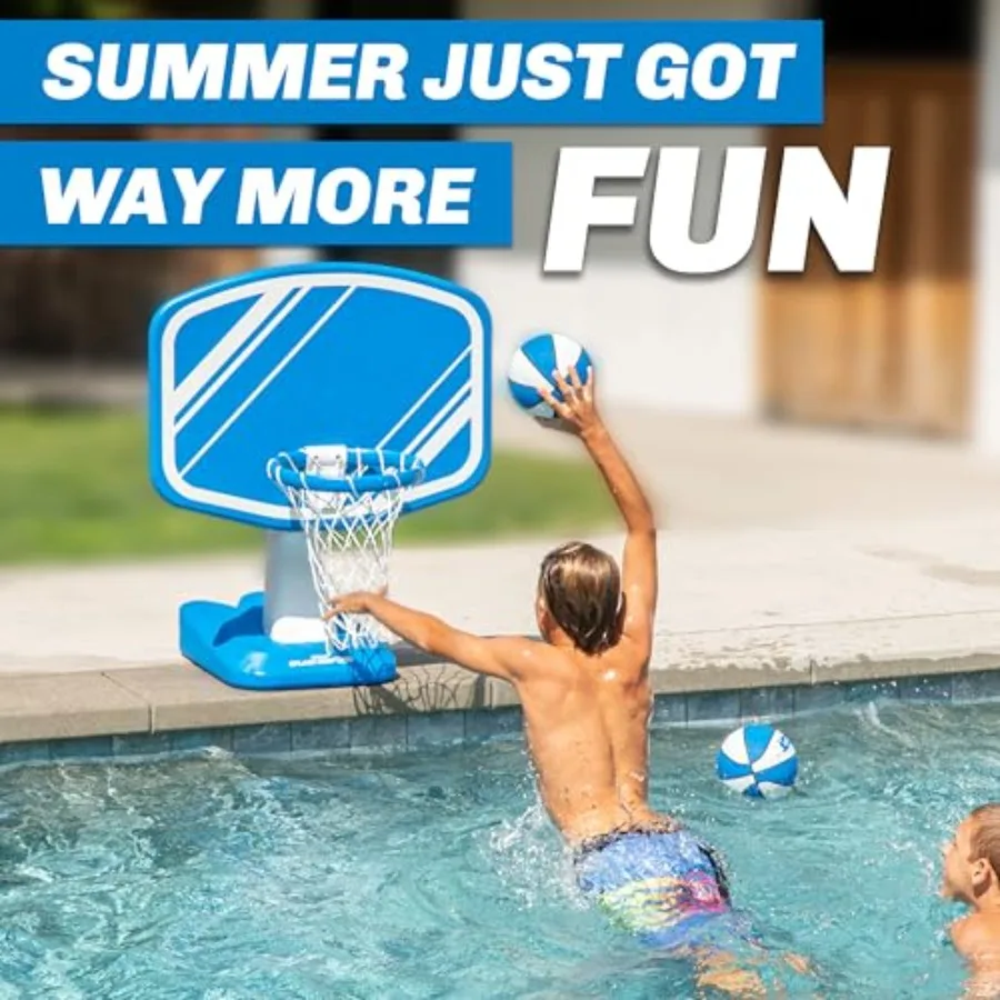 Poolside Water Basketball Hoop with 2 Balls and Pump for Swimming Pool Durable Vinyl Construction in Blue or Red Fun Portable D