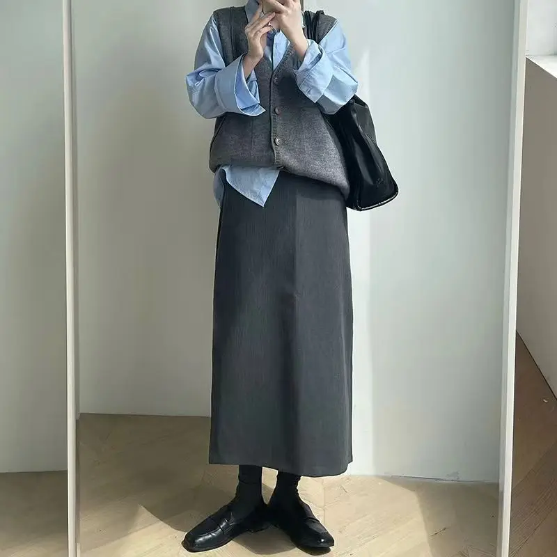 

EBAIHUI Grey Suit Half Skirt for Women Mid To Long Straight Tube A-line Versatile Skirt for Ladies Autumn High Waist Skirt