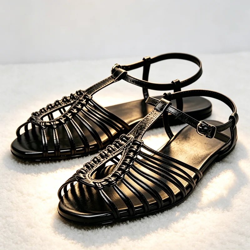 NEW Style Cage Flat Sandals Women Metallic Finish Ankle Strap Buckle Gladiator Sandals for Girls Summer Luxury Designer Shoes
