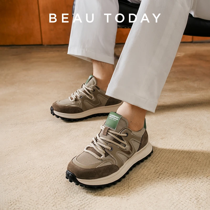 

BEAUTODAY Casual Sneakers Men Cow Suede Leather Mixed Colors Round Toe Platform Lace-up Male Shoes Handmade 58184