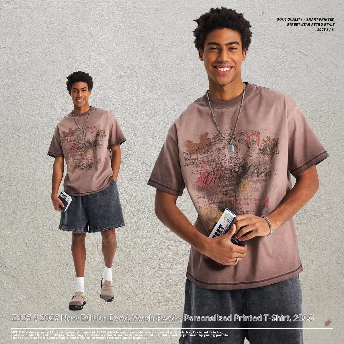 New Washed Vintage Print Men T‑Shirt Retro Wax‑Dye Faded Crew Neck Short Sleeve Streetwear Tee UPS/FEDEX Air, 3-5Day Delivery