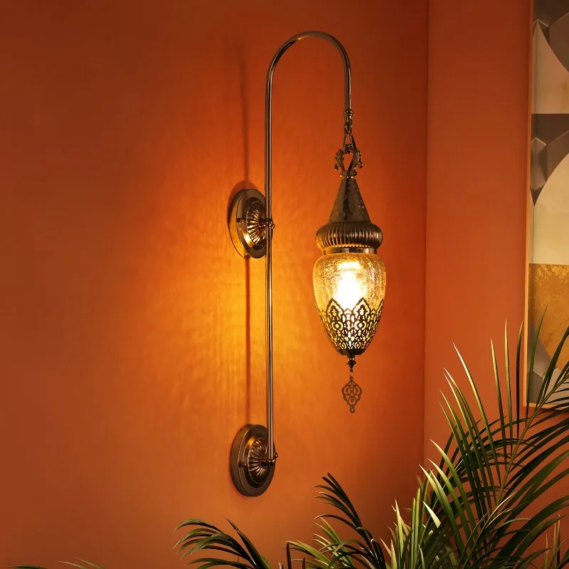 Southeast Asia Handmade Hollow-out Carving Iron Art Wall Lamp Crack Glass Light Study Living Room Bedroom Restaurant LED Sconces