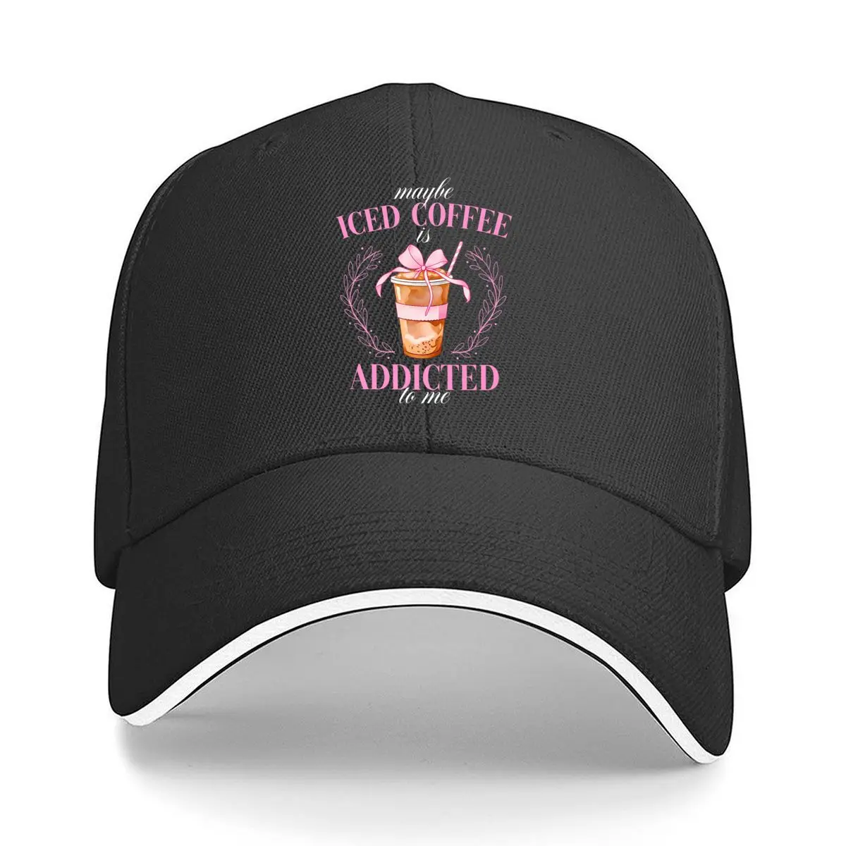 Iced Coffee Addicted Pink Bow Floral Wreath Illustration Hip Hop hat Fashion Outdoor Sports Sandwich Baseball Cap