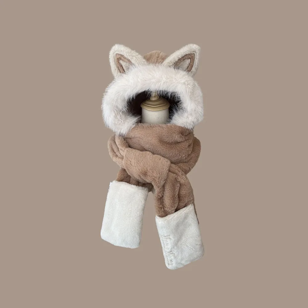 

New Thickened Hat Scarf Gloves Set Fox Ear Ear Protection Cap Windproof Keep Warm Integrated Cap Scarf Autumn Winter