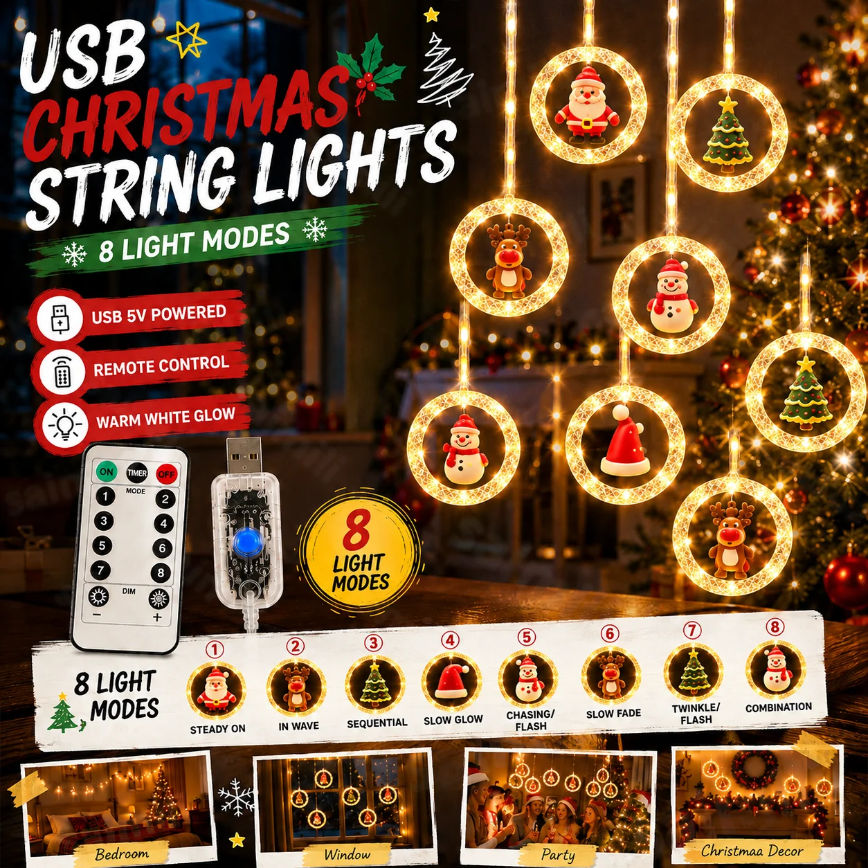 USB Christmas Ring Curtain Lights 3.5M 10‑Ring 100LED 8 Modes Memory Function Hanging Curtain Light For Home Holiday Party Decor