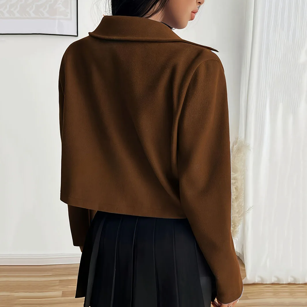 Осень-зима 2025 г., женская модная однотонная короткая куртка на молнии с длинным рукавом, офисное женское пригородное пальто