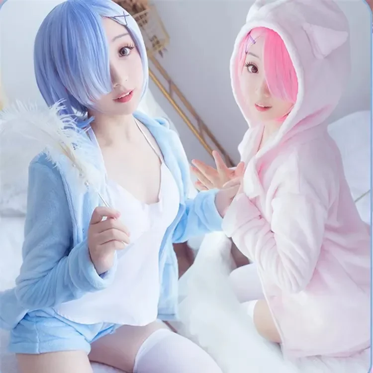 

Different World Ram Rem Cosplay Costume Cute Sexy Cat Girl Outfits Home Wear Hooded Fluffy Pajamas Blue Pink Shorts Set