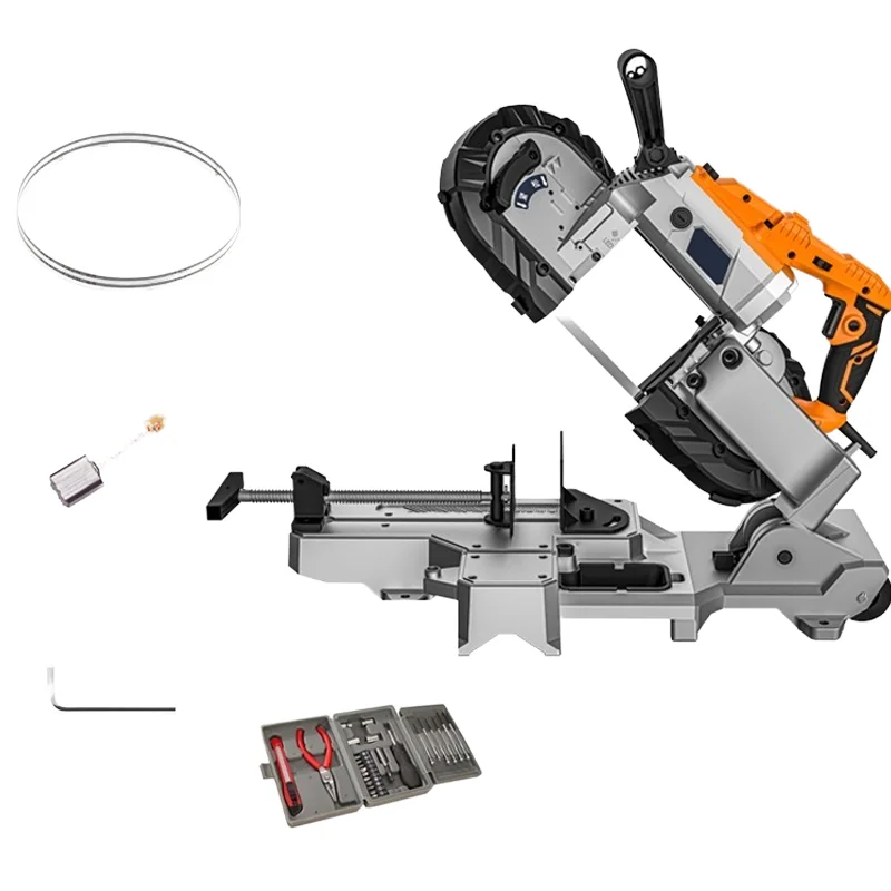 Portable industrial metal band saw, handheld 1100W motor/engine with manual tensioner, removable base