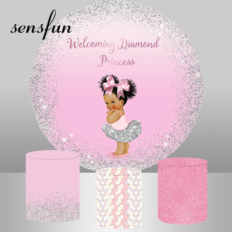 Pink Glitter Royal Princess Round Backdrop Cover Girls Newborn Baby Shower Gender Reveal Birthday Party Background Elastic