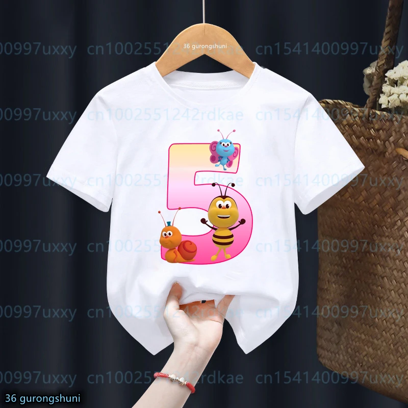 New Girls T-Shirt Cute Little Bee 1-9 Birthday numeral Printed Children'S Clothes Tshirt For Children'S Birthday Party Clothes