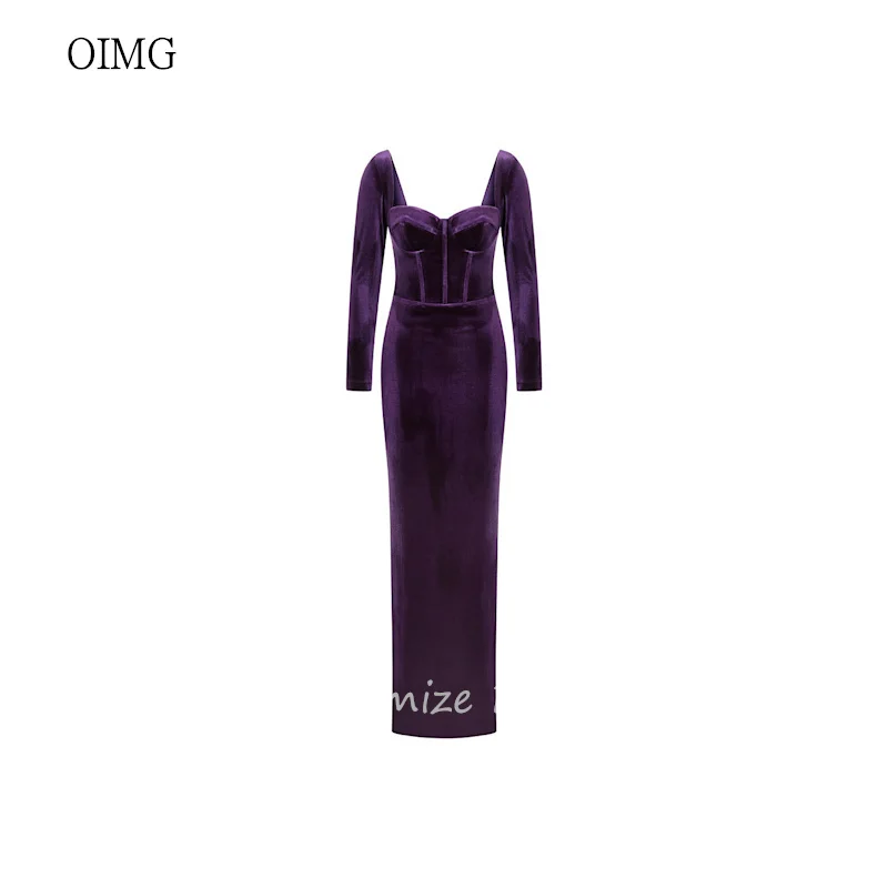 OIMG Elegant Purple Sweetheart Neck Mermaid Prom Gowns Long Sleeves Party Gown Velvet Floor Length Evening Dress Customized - Image 4