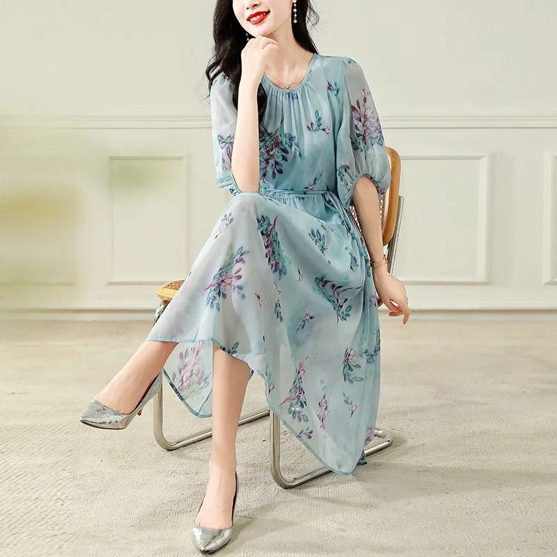 

2025 Summer Women's High-end Floral Mid Sleeve Temperament Mid Length Skirt Fashionable Chiffon Dress From Europe and America
