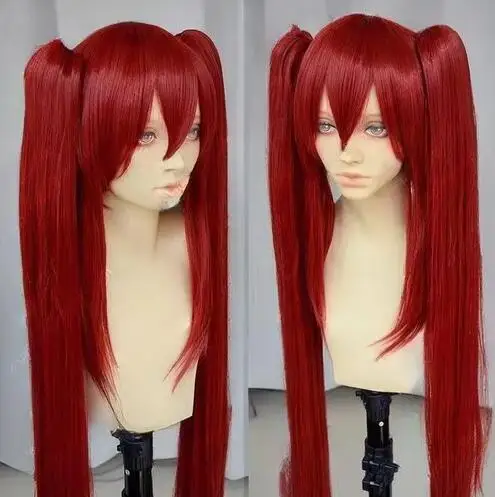 Popular Fairy Tail Scarlet Long Dark Red Straight Cosplay Wig + Two Clip on Ponytai