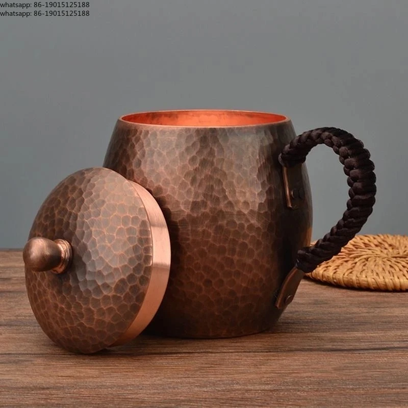 Vintage Pure Copper Coffee Mug,Camping With lid Breakfast Cup,Handcrafted Carving Hammer Texture Woven Gift Tea Mug Tableware