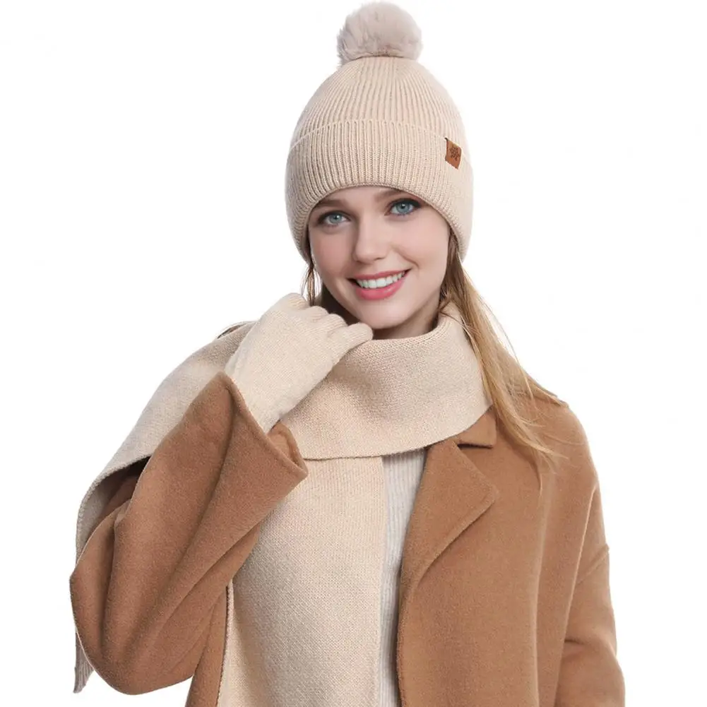 Thermal Insulation Winter Accessories Touchscreen Gloves Winter Set 3pcs Women Winter Hat Scarf Gloves Set Double-layer for Ski