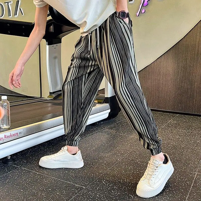 الصيف مخطط فضفاض الرجال عادية سراويلي حريمي خمر طويل Y2k الجمالية Harajuku موضة بيع الاتجاه Xxxl الذكور اقتصاص بنطلون #3