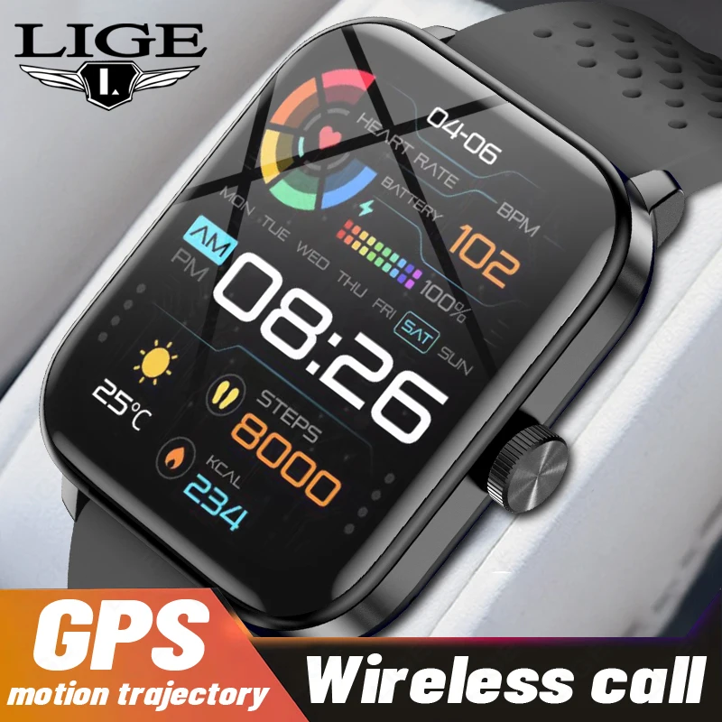 LIGE Новые GPS-часы для мужчин с отслеживанием движения, большим экраном 1,83 дюйма, Bluetooth-вызовом, монитором сердечного ритма, водонепроницаемые смарт-часы IP68