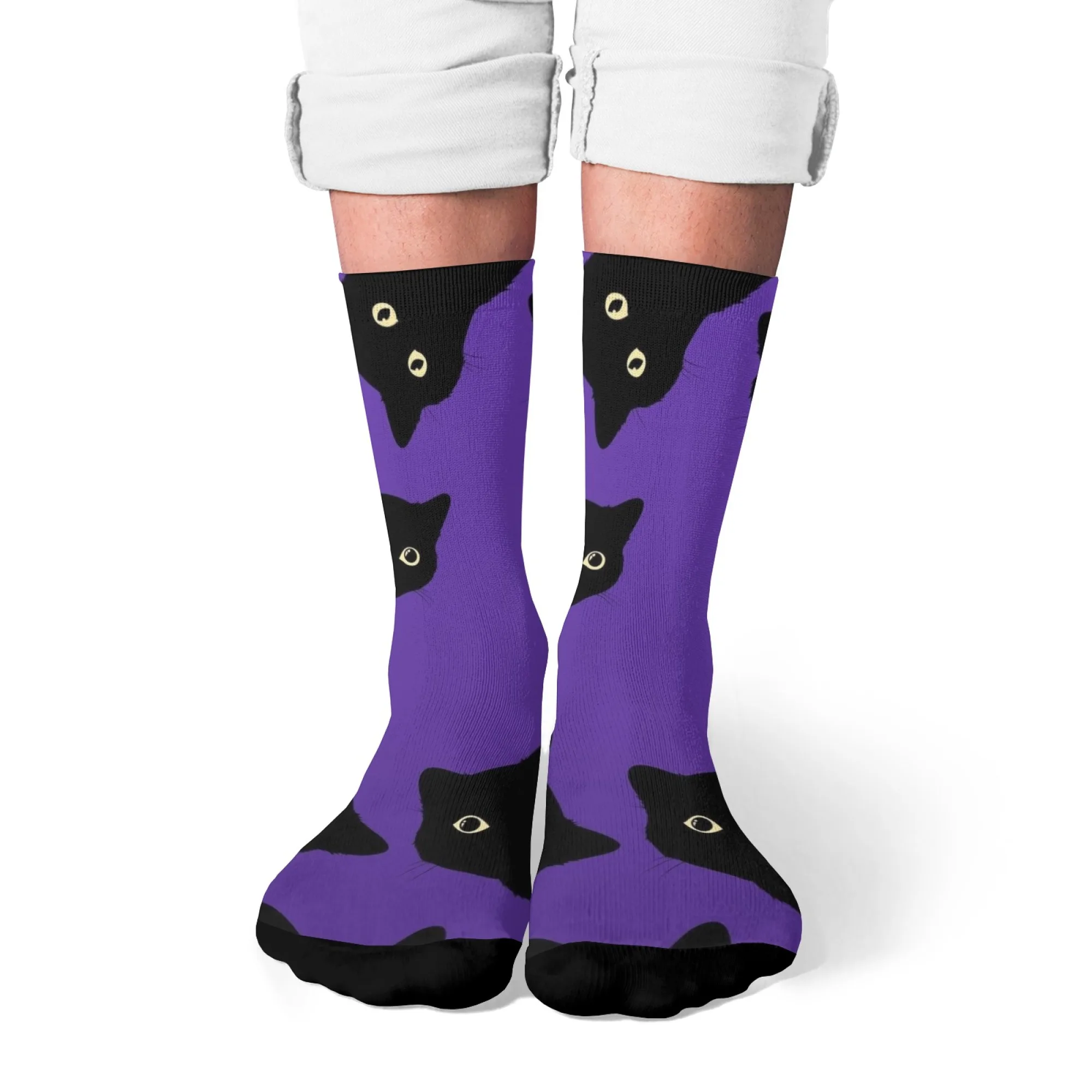 Lovely & Mysterious Black Cat Purple Mid-Calf Socks Classic Full-Print Retro Create Cute Art Unisex Casual Creative Party Gift