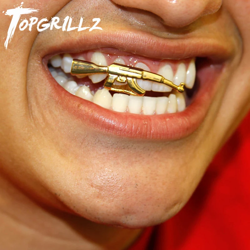 TOPGRILLZ New Fit  Pure Gold Color Plated Hip Hop ak 47 Rifle Grillz Cap Top Grills AK Gold Grillz