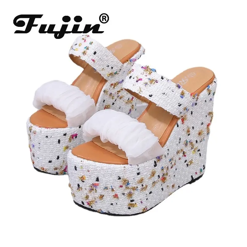 Fujin 10cm-15cm High Heel Outdoor Elegant Sandals Slippers Women Summer Shoes Slippers Platform Wedge bohemian Slides Cute Shoes