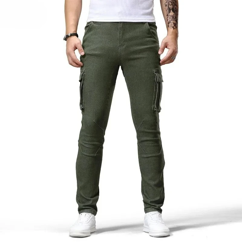 Skinny Elastic Cargo Jeans Men's Large Pocket Fashion Slim Fit Hip Hop Biker Denim Long Pants Male Trousers Casual Pencil Jeans