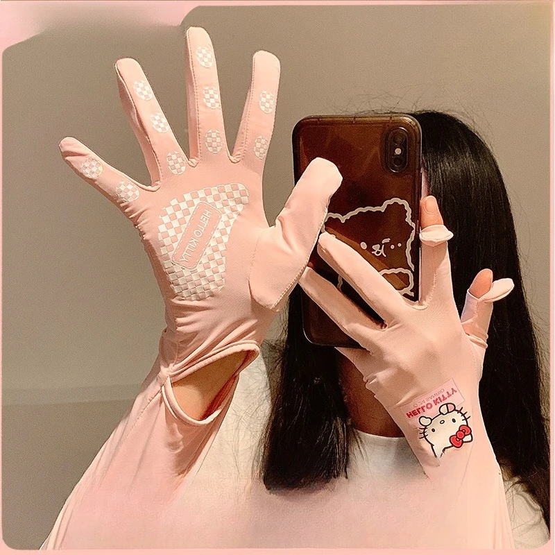 

Перчатки Sanrio Hello Kitty Ice Silk для защиты от солнца, женские перчатки с защитой от ультрафиолета, дышащие, для езды на велосипеде, с защитой от солнца, можно прикасаться к экрану.