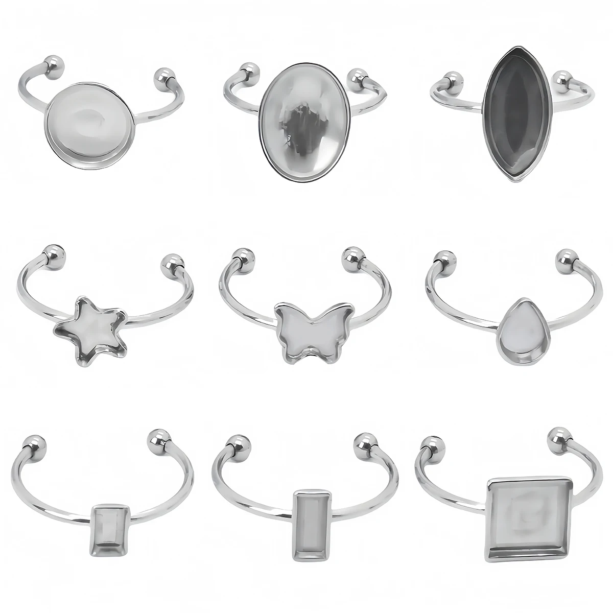 3/10 Stück verstellbare Ringfassungen aus Edelstahl, leere Basis, verschiedene Formen, Cabochon-Knöpfe, Tablett-Einfassungen für DIY-Schmuckherstellung