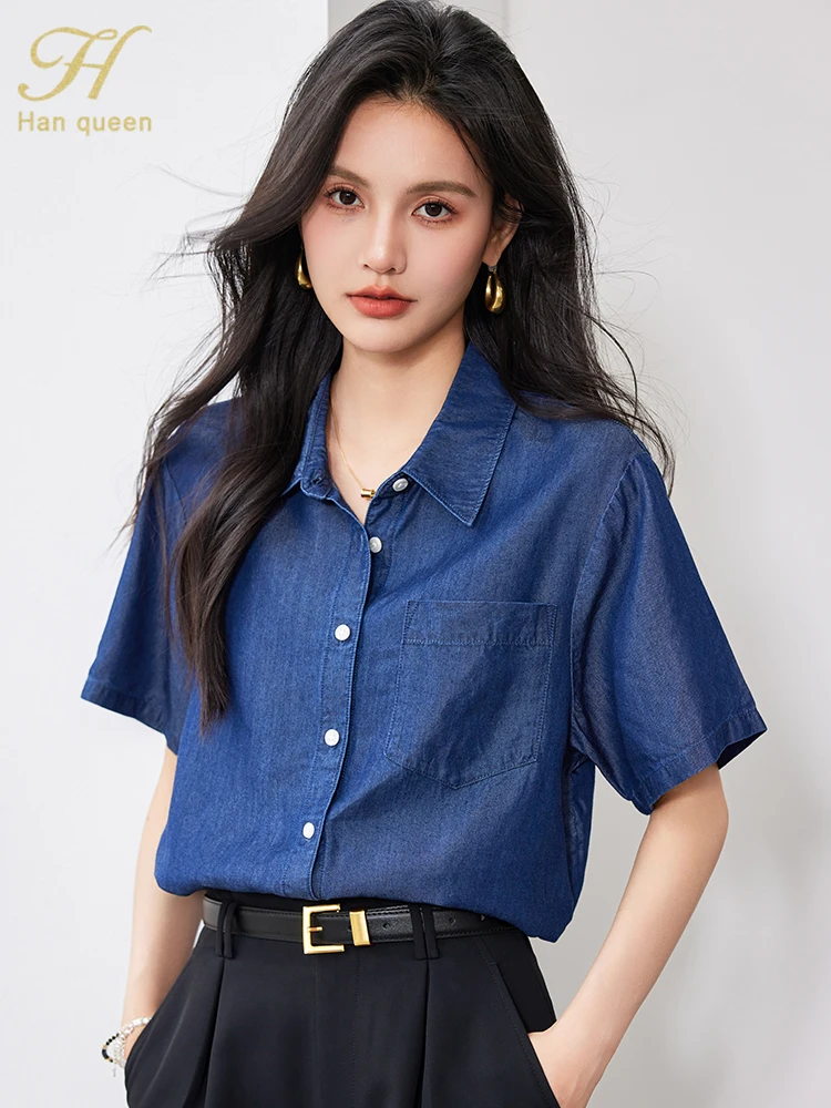 H Han Queen Summer Short Sleeve Shirt Women Blouse Vintage Work Casual Tops Blouse Japanese Vintage Clothes Loose Denim Shirts