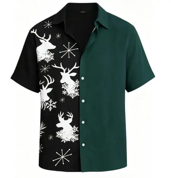 Men Christmas Reindeer Snowflake Print Short Sleeve Shirt Lapel Collar Color‑Block Holiday Party Tops