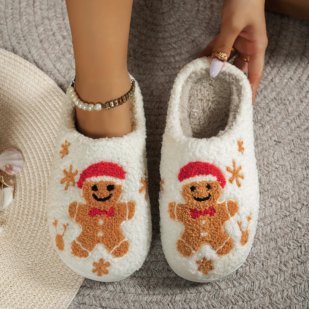 Christmas Gingerbread Man Embroidery Women's Slippers Indoor Cartoon Bedroom Non-Slip Festival Couple Winter Holiday Shoes