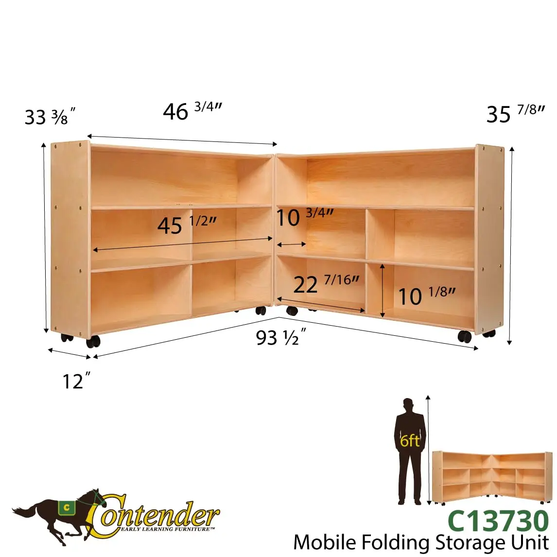 Contender Extra Large Folding Mobile Storage Organizer for Daycare Classroom Preschool, Wood Furniture on Rolling Casters with 4