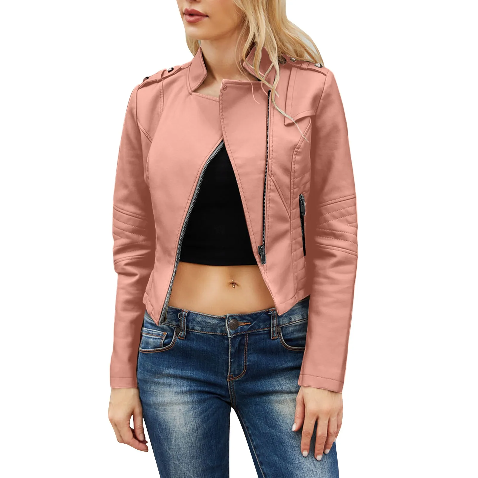 Women'S Zipper Leather Jackets Fashion Sexy Cool Slim Spring And Autumn Small Coat Trend Motorcycle Style Faux Leather Jackets