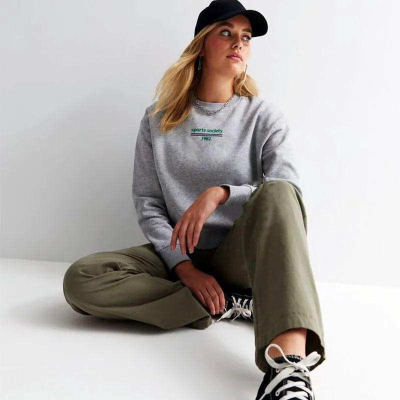 Sports Society 1982 Letters Printing Vintage Gray Style Sweatshirts Women Loose Cotton Crewneck Autumn Pullovers Thick Sweaters