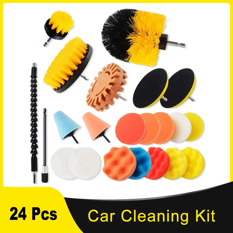 Car Cleaning Kit 24 Pcs with Buffing Pad Wool Pad Drill Electric Brush and Extension bar Attachment Multi-Purpose Cleaning Car