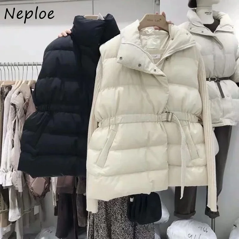 Neploe Feminina Winter Coat Women Stand Neck Solid Color Sleeveless Vest Parkas Pockets Drawstring Slim Waist Puffer Jacket