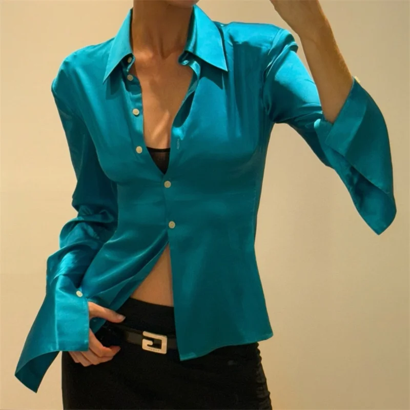 

Women's shirt 2026 summer new satin slim fit women's long sleeved top Single breasted lapel Women's blouse y2k tops for woman